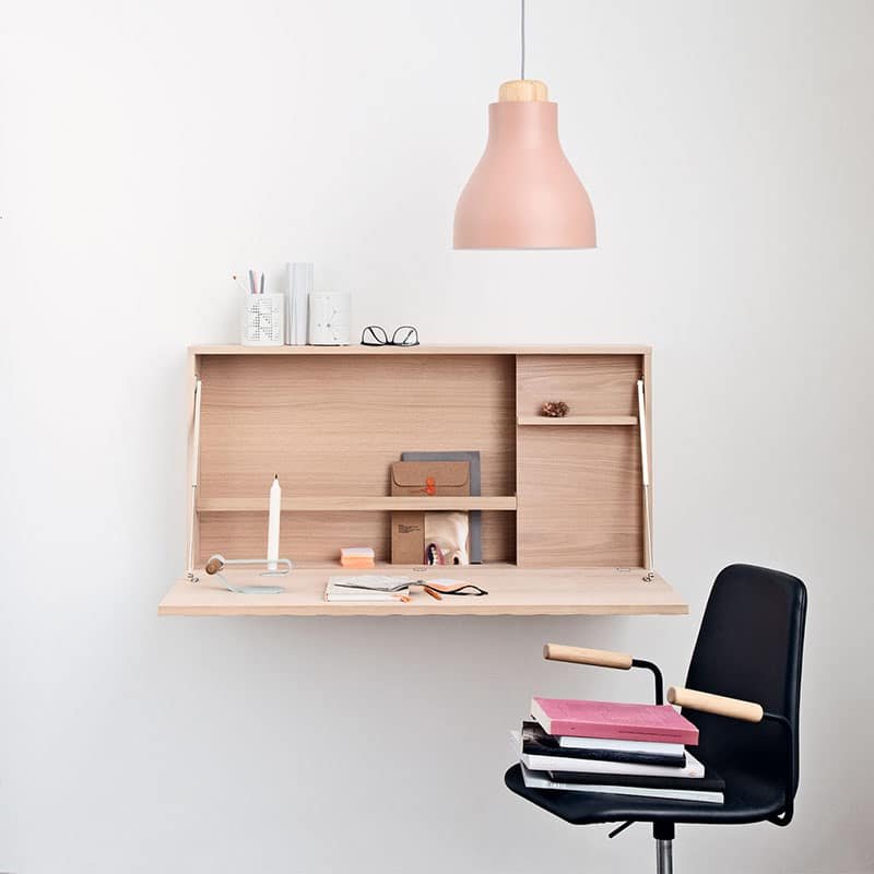 Woodmart theme demo photo of a wall-mounted desk and black chair