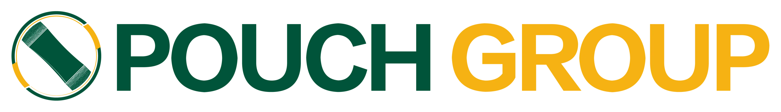 The Pouch Group wordmark logo in yellow and white