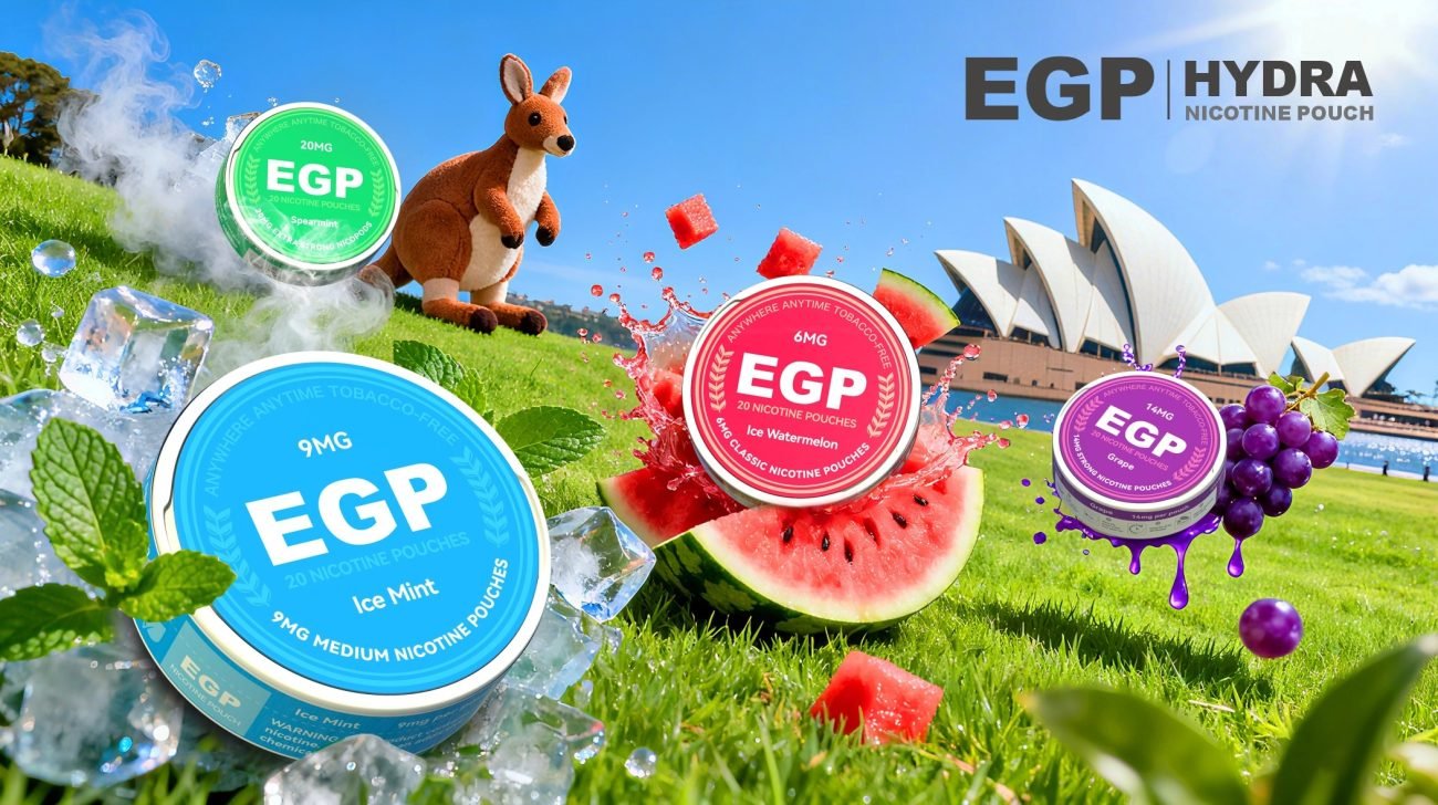 An EGP nicotine pouch collage with a kangaroo and the Sydney Opera House