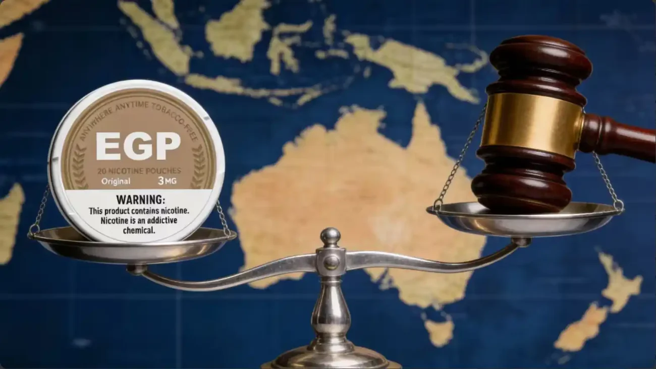 A gavel and scales over a world map with an EGP can