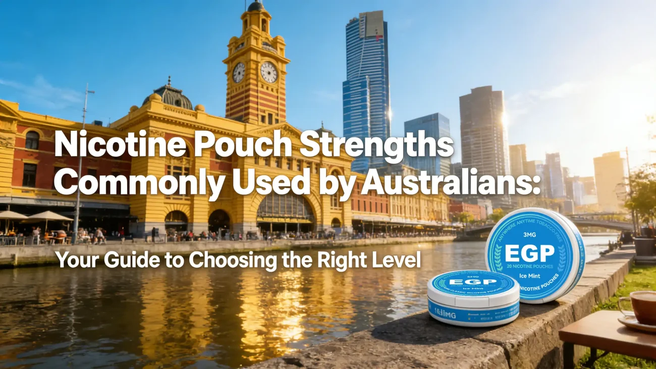 Cover of the nicotine pouch strengths guide over a riverside city scene