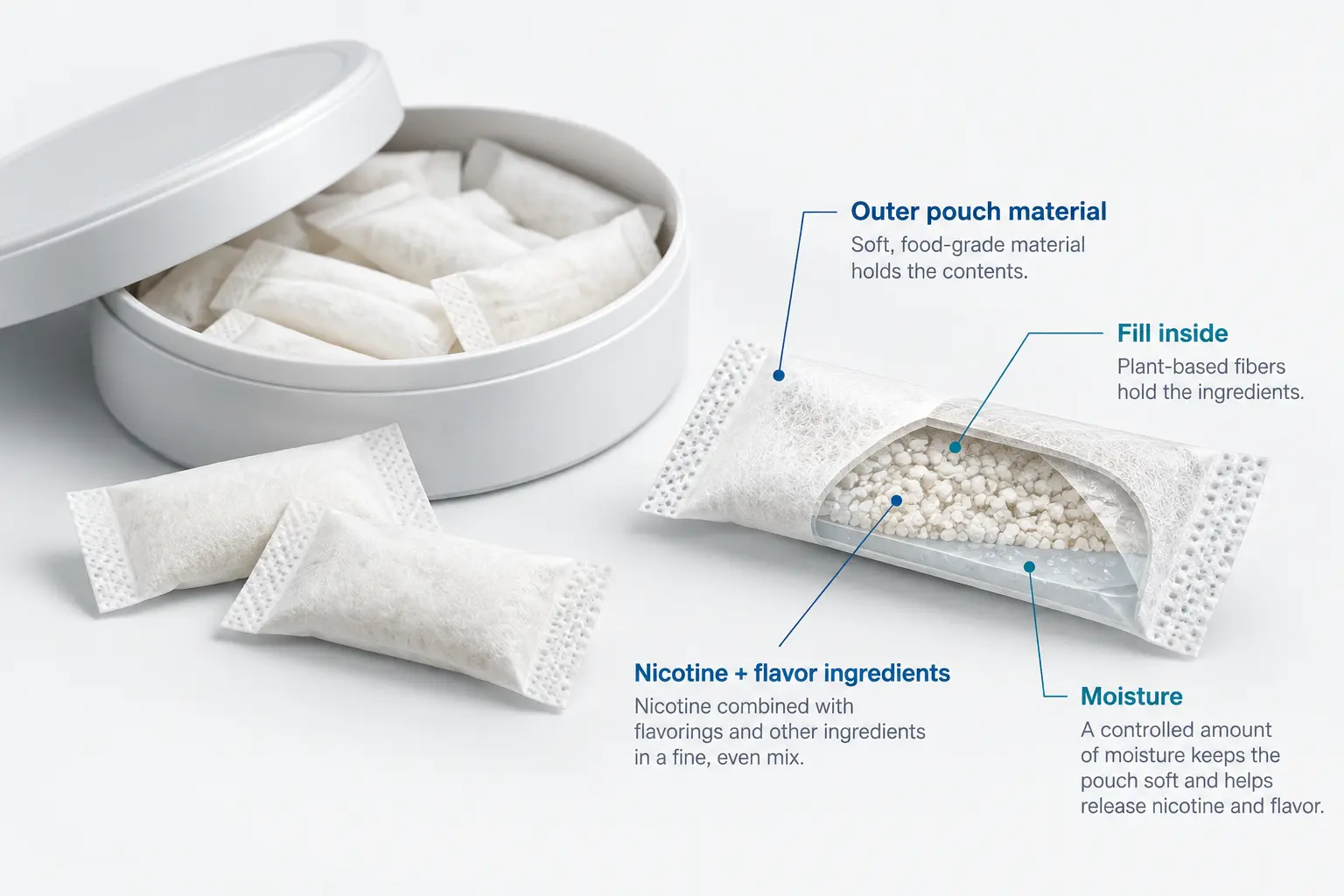 Cutaway diagram illustrating a Nicopods outer material, inner filling and other possible ingredients