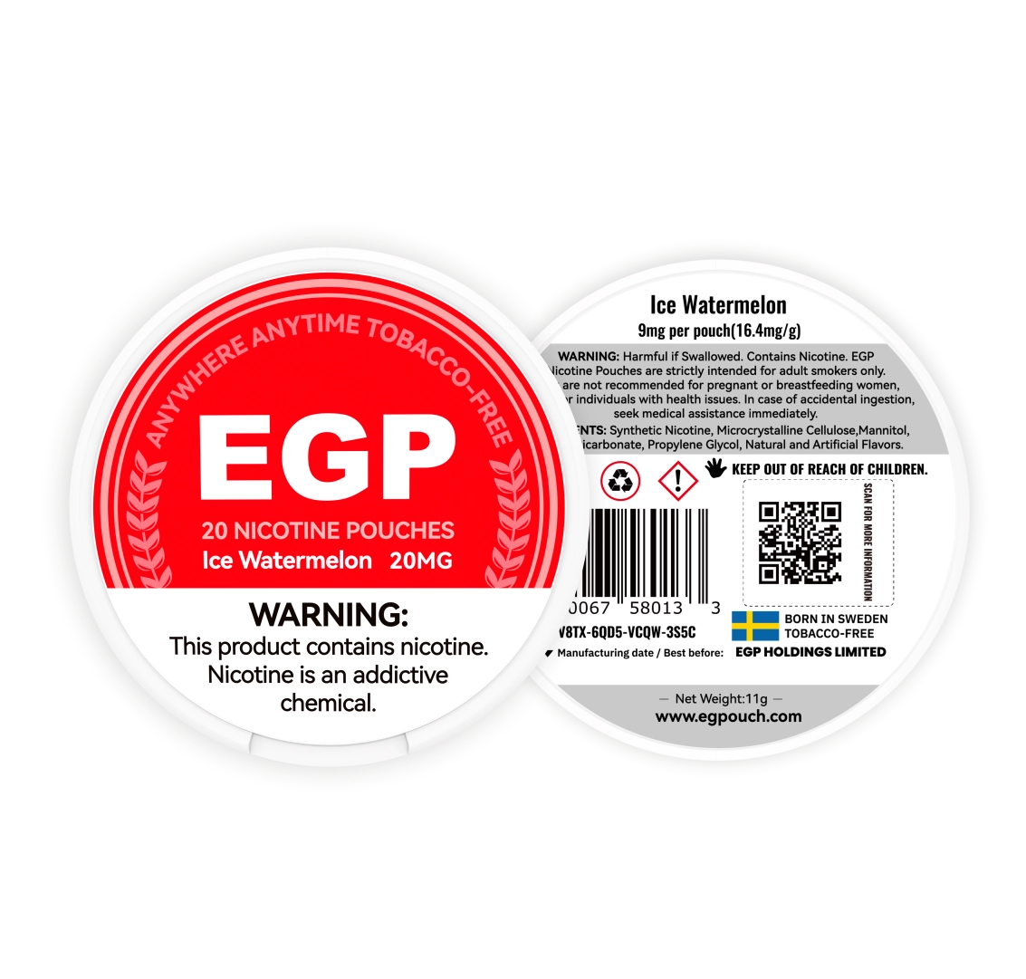 EGP Ice Watermelon 20mg nicotine pouches can, front and back label with nicotine warning and ingredients
